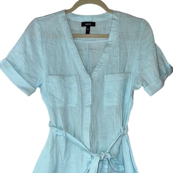 AQUA Ladies Light Blue Gauzy Short Sleeve Button Front Romper, Waist Tie, XS - Picture 2 of 4
